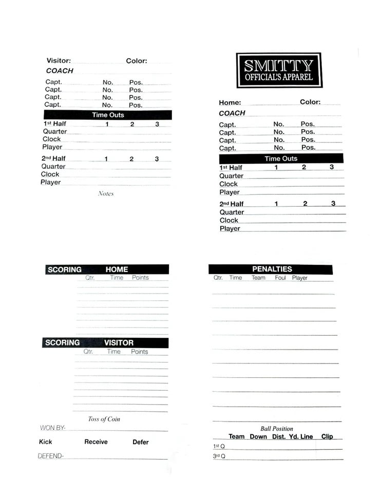 Double Sided Football Game Card w/Penalty Recording